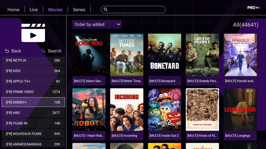 Différentes fonctionnalités de l'application PROMAX 4 Prime IPTV Abonnement IPTV